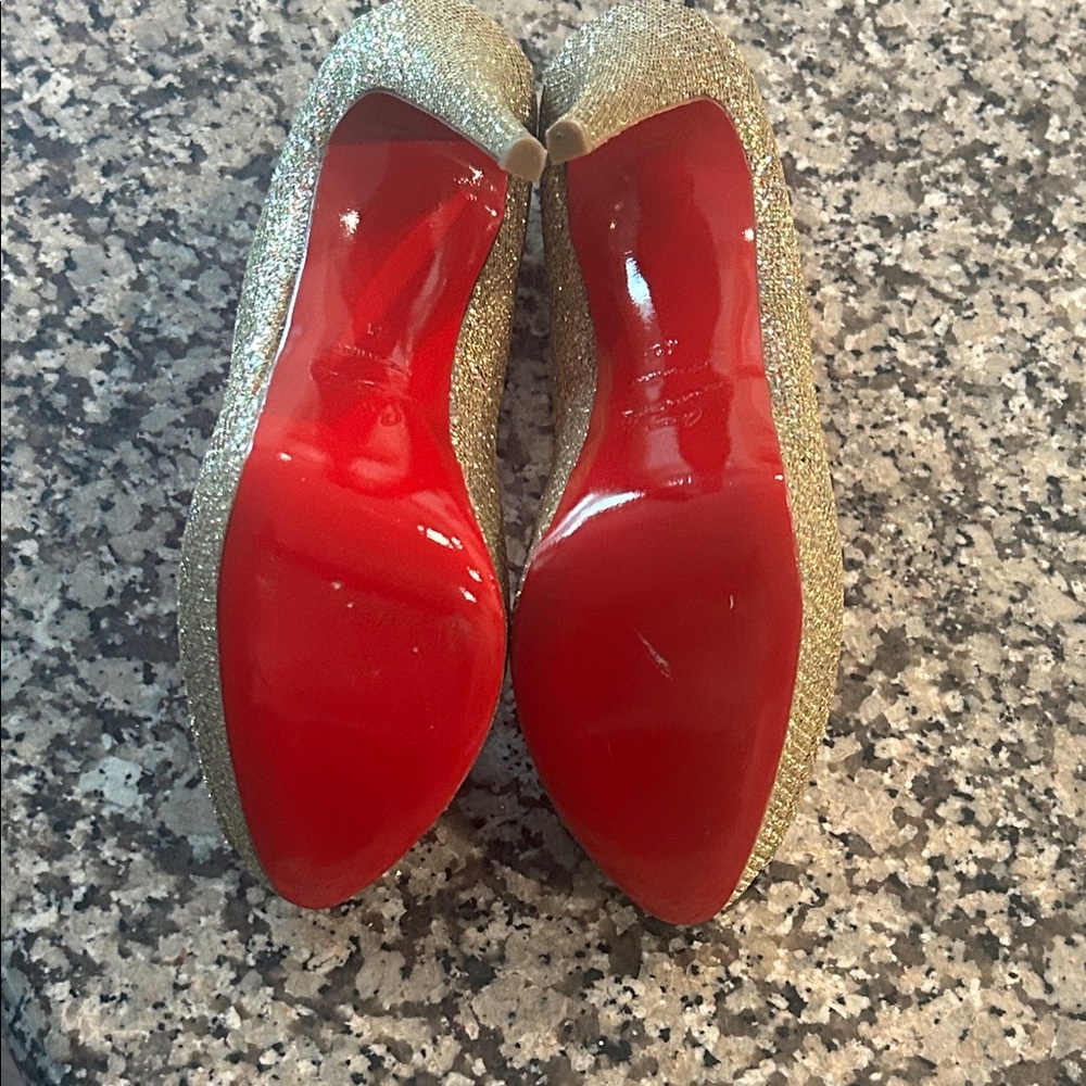 Christian Louboutin Glittering Gold Peep-Toe Heels - Picture 5 of 7